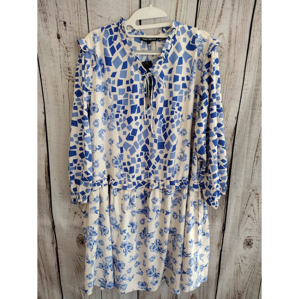 Tolani Collection Blue & White Geometric-Print Ruffle Trim Flowy Babydoll Dress - Picture 2 of 13